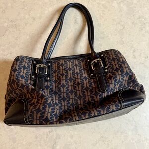 FOSSIL Signature Jacquard‎ Black Brown Leather Trim Satchel Purse
